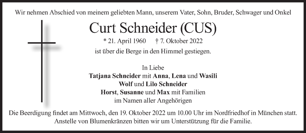 Traueranzeige für Curt Schneider vom 15.10.2022 aus Süddeutsche Zeitung