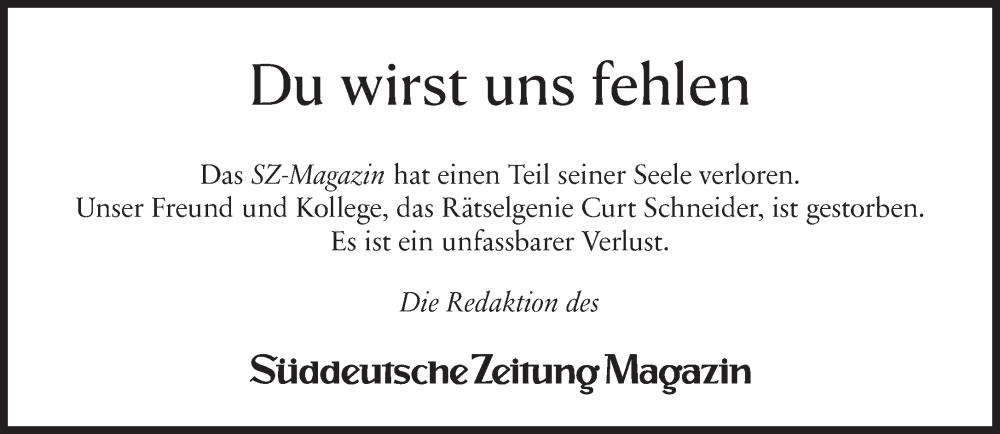  Traueranzeige für Curt Schneider vom 15.10.2022 aus Süddeutsche Zeitung