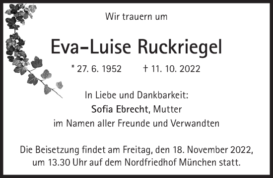 Traueranzeige von Eva-Luise Ruckriegel von Süddeutsche Zeitung