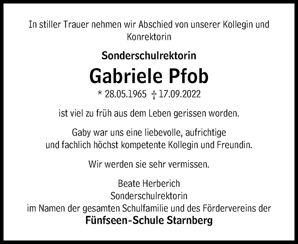  Traueranzeige für Gabriele Pfob vom 08.10.2022 aus Süddeutsche Zeitung