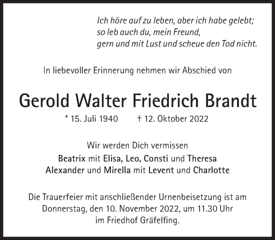 Traueranzeige von Gerold Walter Friedrich Brandt von Süddeutsche Zeitung