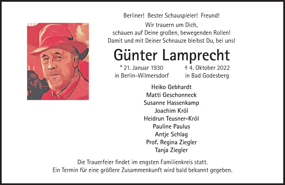  Traueranzeige für Günter Lamprecht vom 08.10.2022 aus Süddeutsche Zeitung