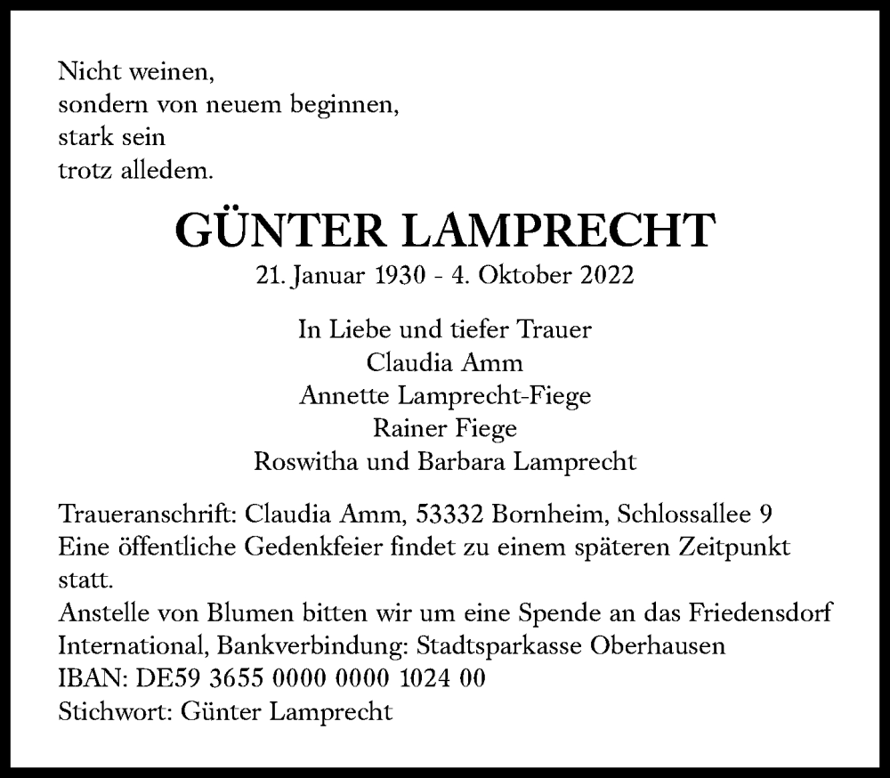  Traueranzeige für Günter Lamprecht vom 12.10.2022 aus Süddeutsche Zeitung