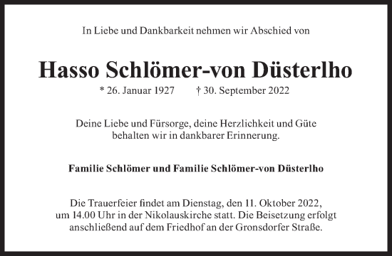Traueranzeige von Hasso  Schlömer-von Düsterlho von Süddeutsche Zeitung