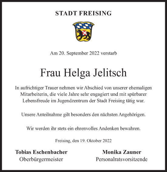 Traueranzeige von Helga Jelitsch von Süddeutsche Zeitung