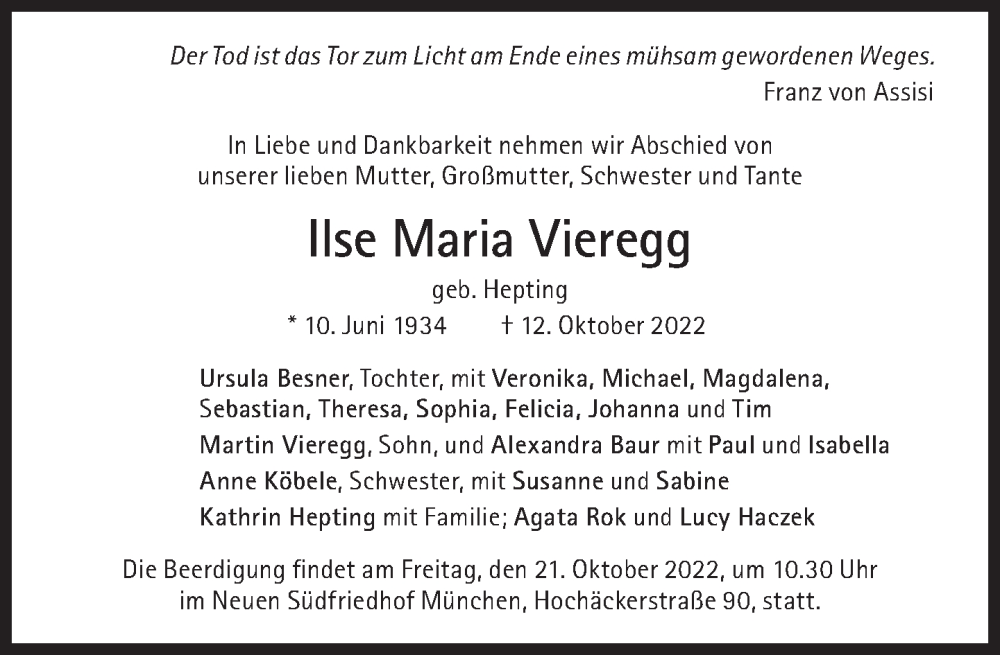  Traueranzeige für Ilse  Maria Vieregg vom 15.10.2022 aus Süddeutsche Zeitung