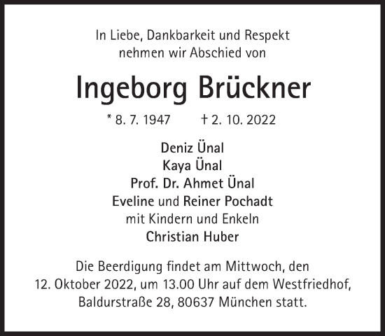 Traueranzeige von Ingeborg Brückner von Süddeutsche Zeitung
