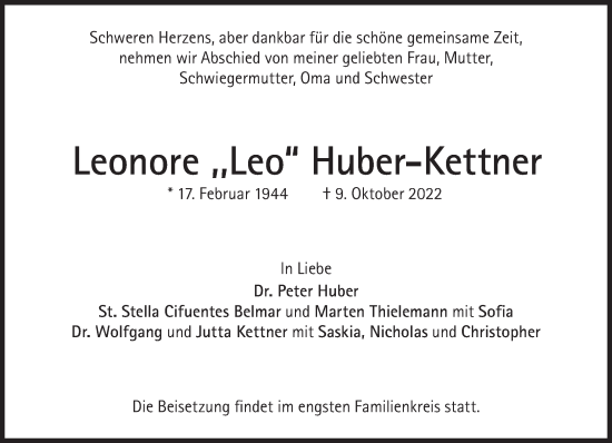 Traueranzeige von Leonore Huber-Kettner von Süddeutsche Zeitung