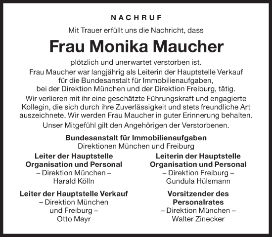 Traueranzeige von Monika Maucher von Süddeutsche Zeitung