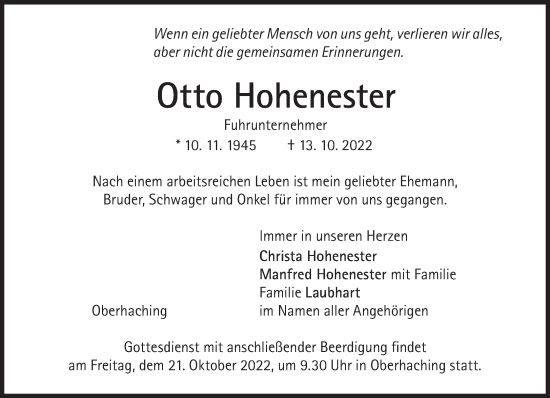 Traueranzeige von Otto Hohenester von Süddeutsche Zeitung