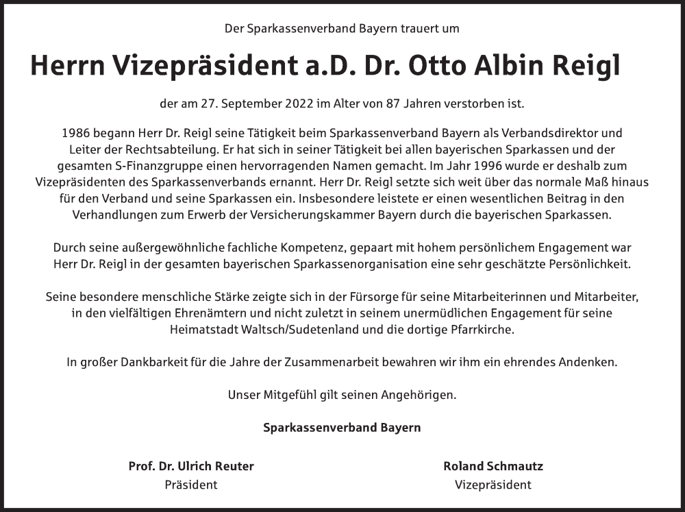 Traueranzeige für Otto Albin Reigl vom 07.10.2022 aus Süddeutsche Zeitung