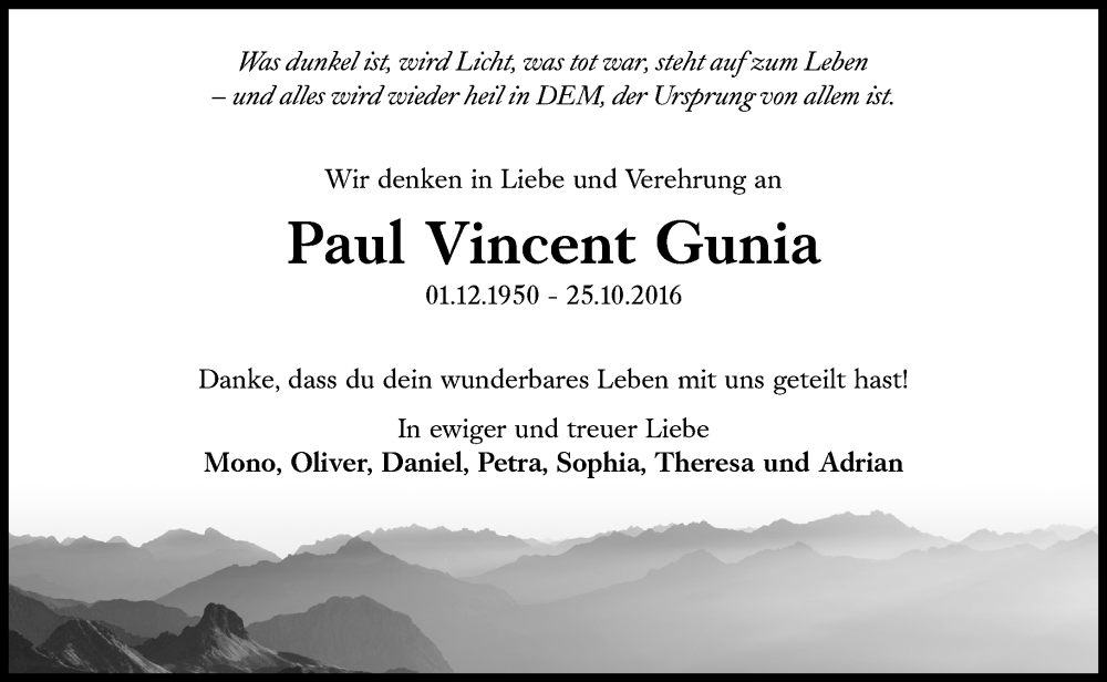  Traueranzeige für Paul Vincent Gunia vom 25.10.2022 aus Süddeutsche Zeitung