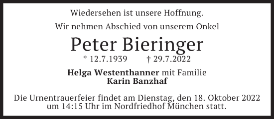 Traueranzeige von Peter Bieringer von Süddeutsche Zeitung