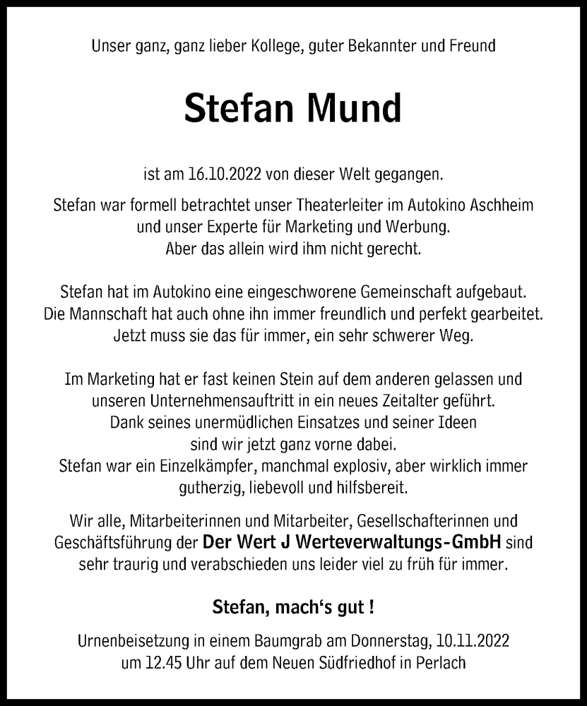  Traueranzeige für Stefan Mund vom 21.10.2022 aus Süddeutsche Zeitung