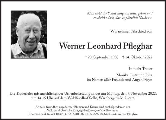 Traueranzeige von Werner Leonhard Pfeghar von Süddeutsche Zeitung