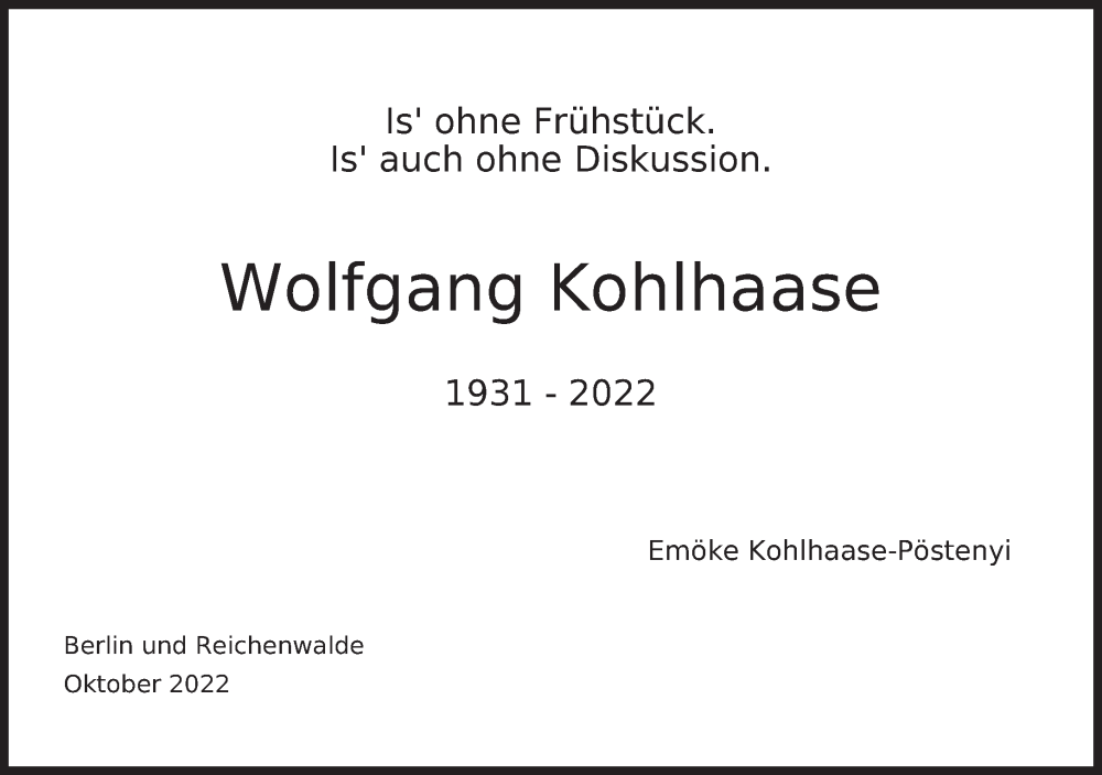  Traueranzeige für Wolfgang Kohlhaase vom 15.10.2022 aus Süddeutsche Zeitung