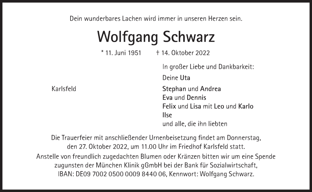  Traueranzeige für Wolfgang Schwarz vom 22.10.2022 aus Süddeutsche Zeitung