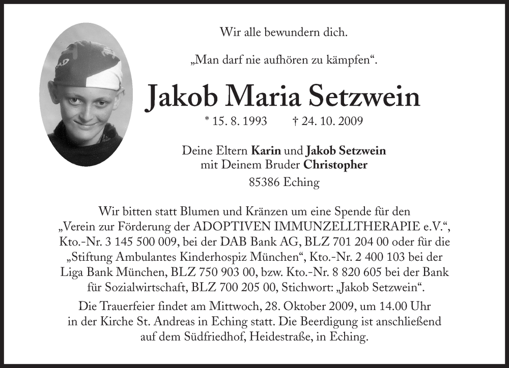  Traueranzeige für Jakob Maria Setzwein vom 27.10.2009 aus Süddeutsche Zeitung