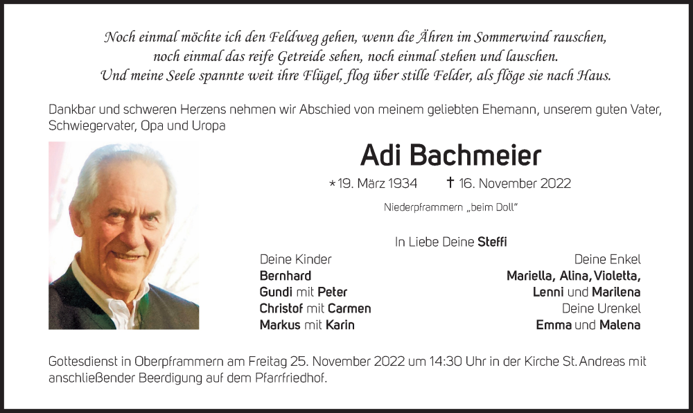  Traueranzeige für Adi Bachmeier vom 19.11.2022 aus Süddeutsche Zeitung
