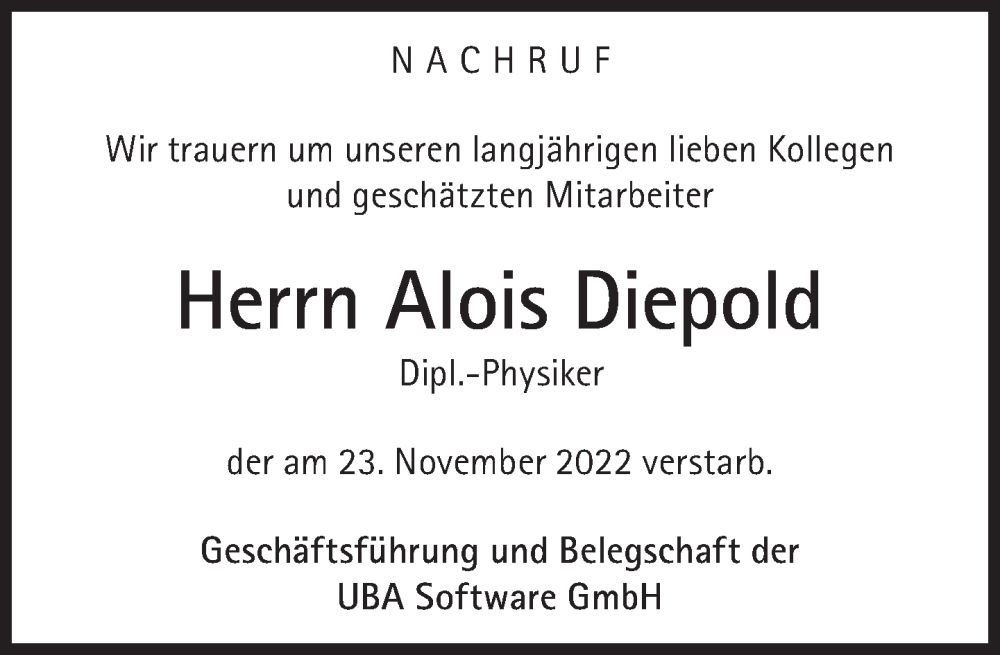  Traueranzeige für Alois Diepold vom 26.11.2022 aus Süddeutsche Zeitung