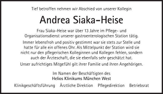 Traueranzeige von Andrea Siaka-Heise von Süddeutsche Zeitung