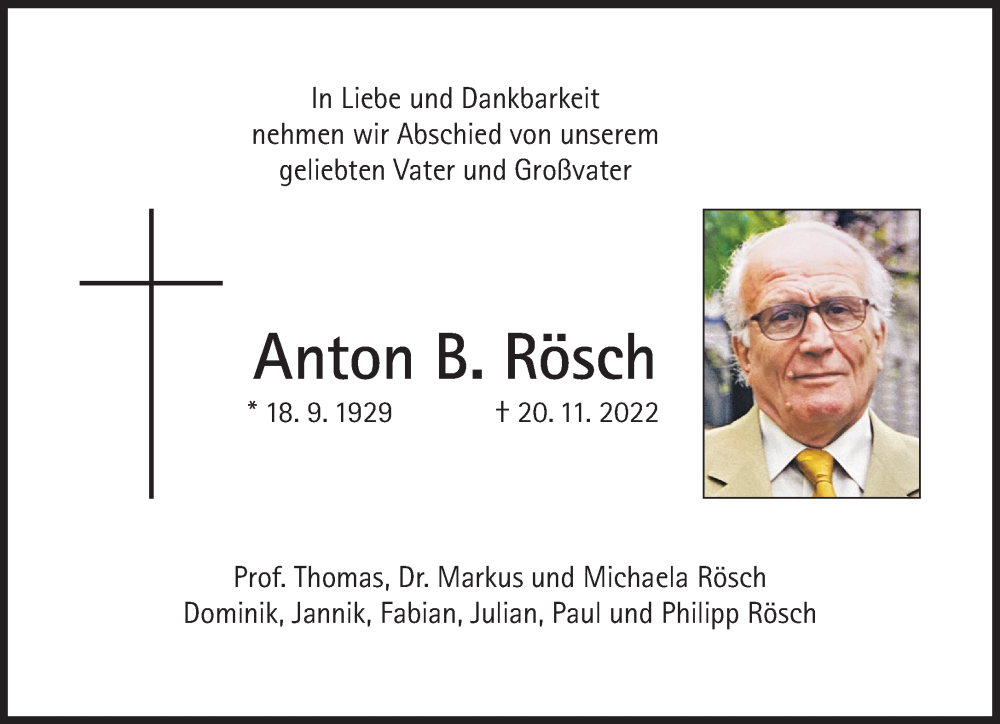  Traueranzeige für Anton B. Rösch vom 26.11.2022 aus Süddeutsche Zeitung