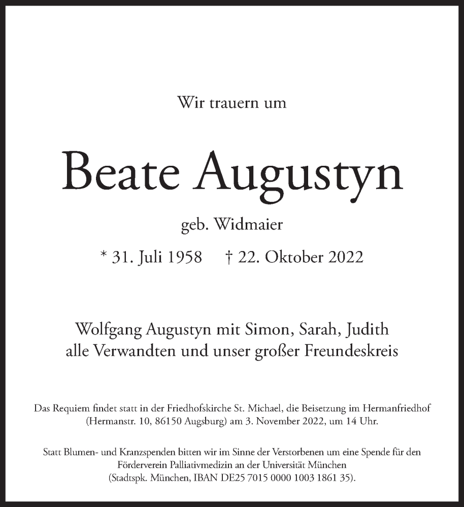  Traueranzeige für Beate Augustyn vom 29.10.2022 aus Süddeutsche Zeitung