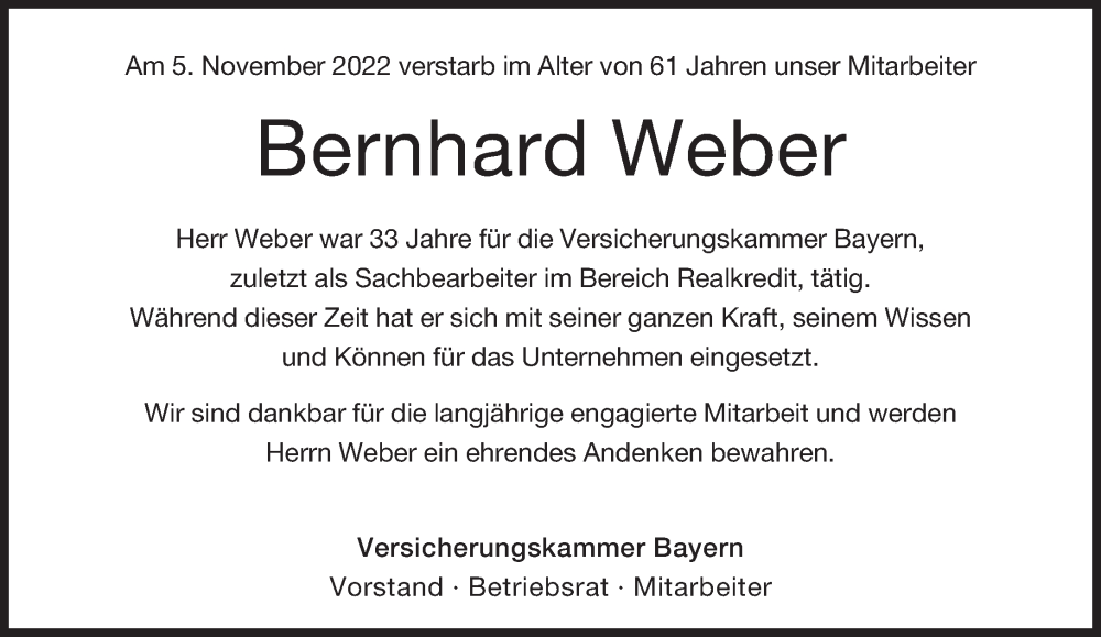  Traueranzeige für Bernhard Weber vom 12.11.2022 aus Süddeutsche Zeitung