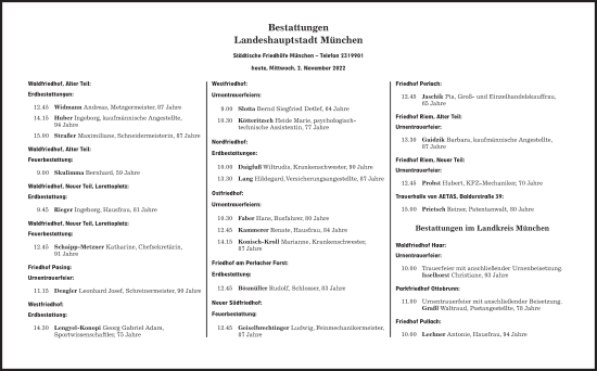 Traueranzeige von Bestattungen vom 02.11.2022 von Süddeutsche Zeitung