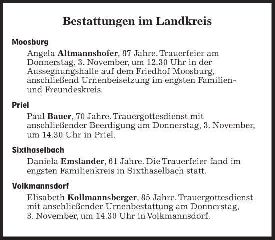 Traueranzeige von Bestattungen vom 03.11.2022 von Süddeutsche Zeitung