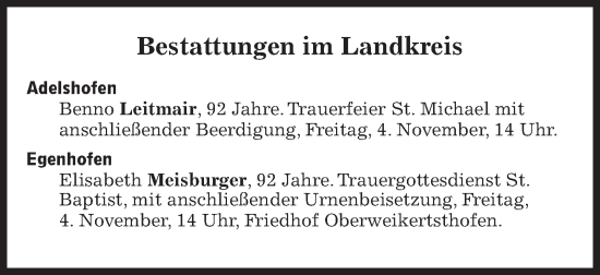 Traueranzeige von Bestattungen vom 04.11.2022 von Süddeutsche Zeitung