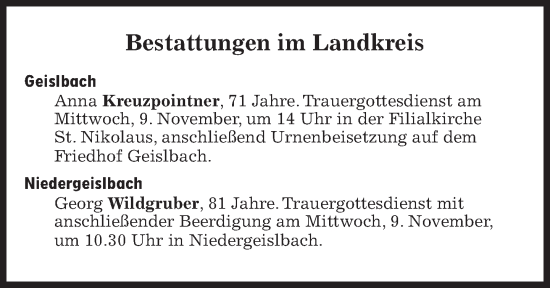 Traueranzeige von Bestattungen vom 09.11.2022 von Süddeutsche Zeitung