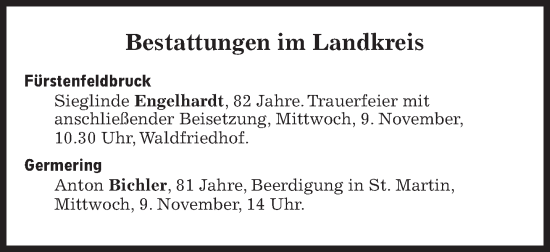 Traueranzeige von Bestattungen vom 09.11.2022 von Süddeutsche Zeitung