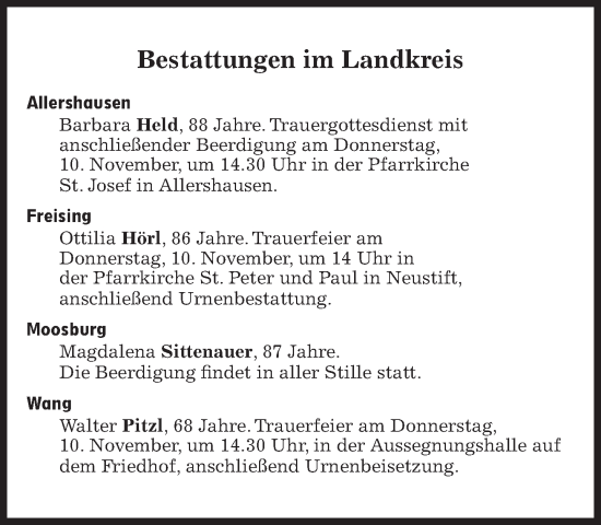 Traueranzeige von Bestattungen vom 10.11.2022 von Süddeutsche Zeitung