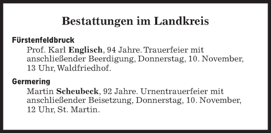 Traueranzeige von Bestattungen vom 10.11.2022 von Süddeutsche Zeitung