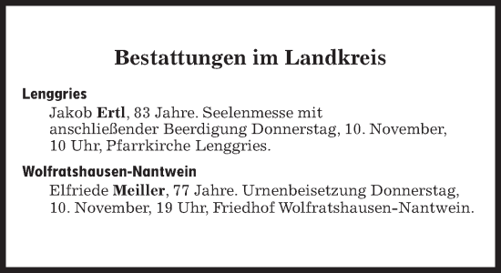 Traueranzeige von Bestattungen vom 10.11.2022 von Süddeutsche Zeitung