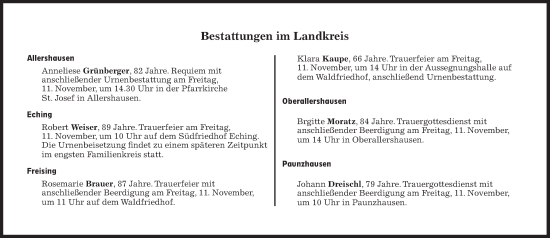 Traueranzeige von Bestattungen vom 11.11.2022 von Süddeutsche Zeitung