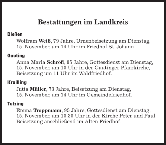 Traueranzeige von Bestattungen vom 15.11.2022 von Süddeutsche Zeitung