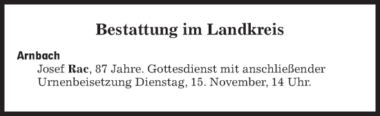 Traueranzeige von Bestattungen vom 15.11.2022 von Süddeutsche Zeitung