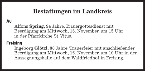 Traueranzeige von Bestattungen vom 16.11.2022 von Süddeutsche Zeitung