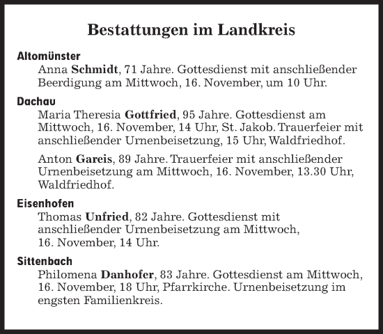 Traueranzeige von Bestattungen vom 16.11.2022 von Süddeutsche Zeitung