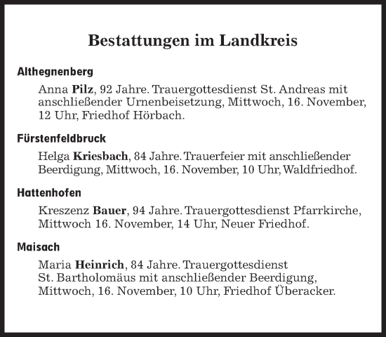 Traueranzeige von Bestattungen vom 16.11.2022 von Süddeutsche Zeitung