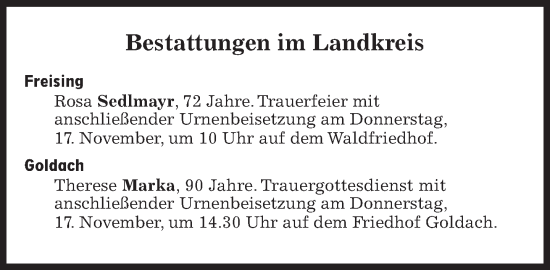 Traueranzeige von Bestattungen vom 17.11.2022 von Süddeutsche Zeitung