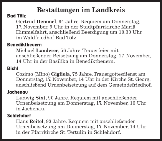 Traueranzeige von Bestattungen vom 17.11.2022 von Süddeutsche Zeitung