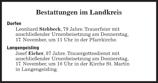 Traueranzeige von Bestattungen vom 17.11.2022 von Süddeutsche Zeitung