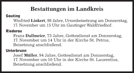 Traueranzeige von Bestattungen vom 17.11.2022 von Süddeutsche Zeitung