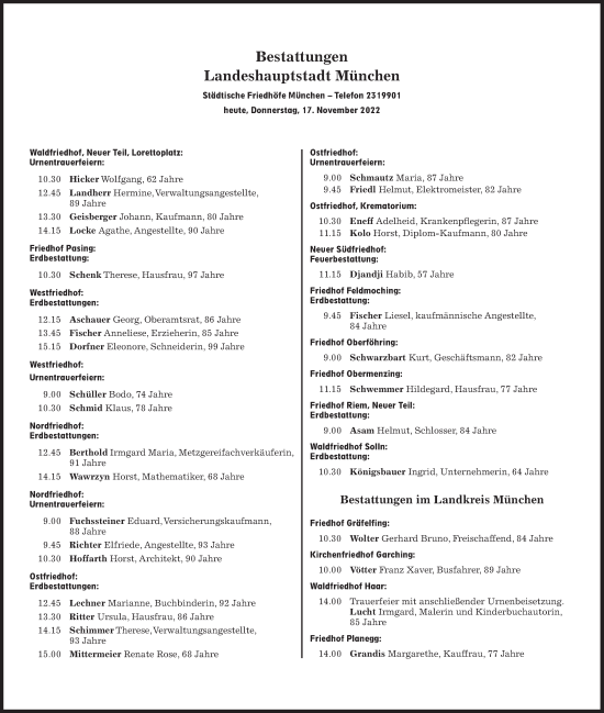 Traueranzeige von Bestattungen vom 17.11.2022 von Süddeutsche Zeitung