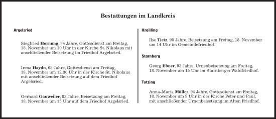 Traueranzeige von Bestattungen vom 18.11.2022 von Süddeutsche Zeitung