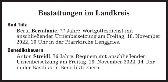 Traueranzeige von Bestattungen vom 18.11.2022 von Süddeutsche Zeitung