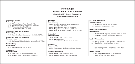 Traueranzeige von Bestattungen vom 21.11.2022 von Süddeutsche Zeitung